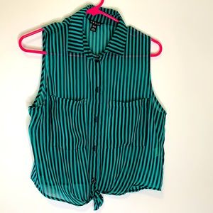 Blue and black striped crop top with tie